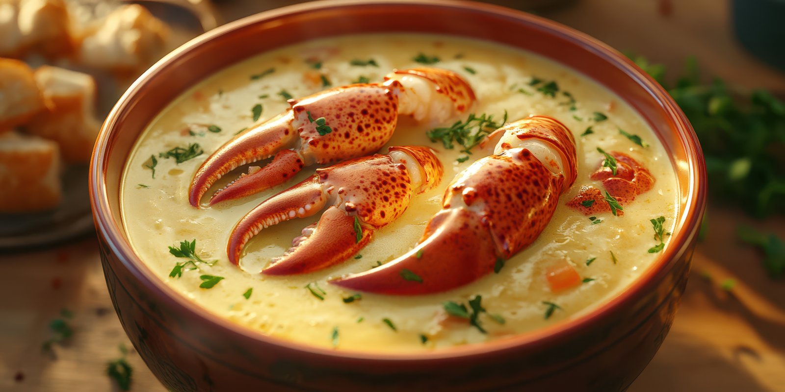 Rich and creamy seafood chowder served in a rustic bowl with lobster claws on top, garnished with fresh herbs and accompanied by crusty bread